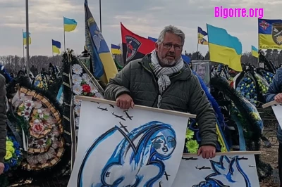 Pierre <q>Pedro</q> Bergé en février dernier dans le cimetière Yatsevo à Tchernihiv en Ukraine/ Stéphane Boularand (c)Bigorre.org